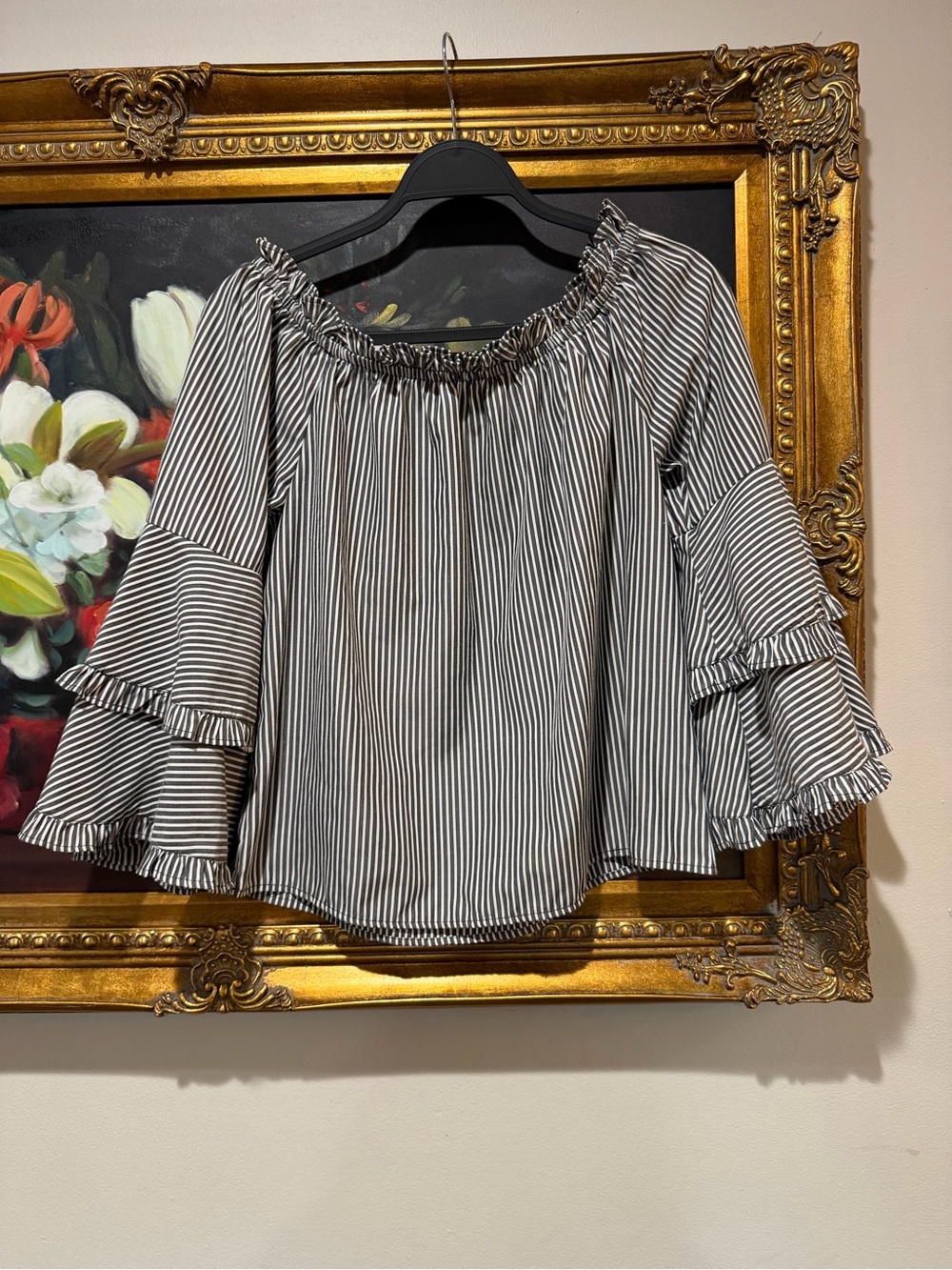 Melange Black and White Striped Off-Shoulder Ruffle Sleeve Blouse